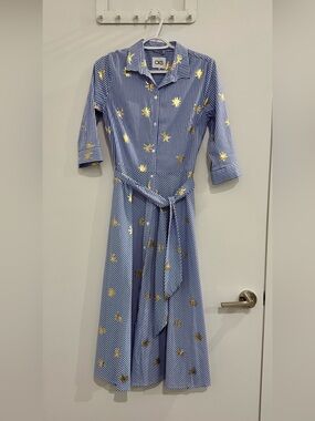 NWOT- Blue Striped Midi Shirt Dress with Gold Palm tree Accents 🌴